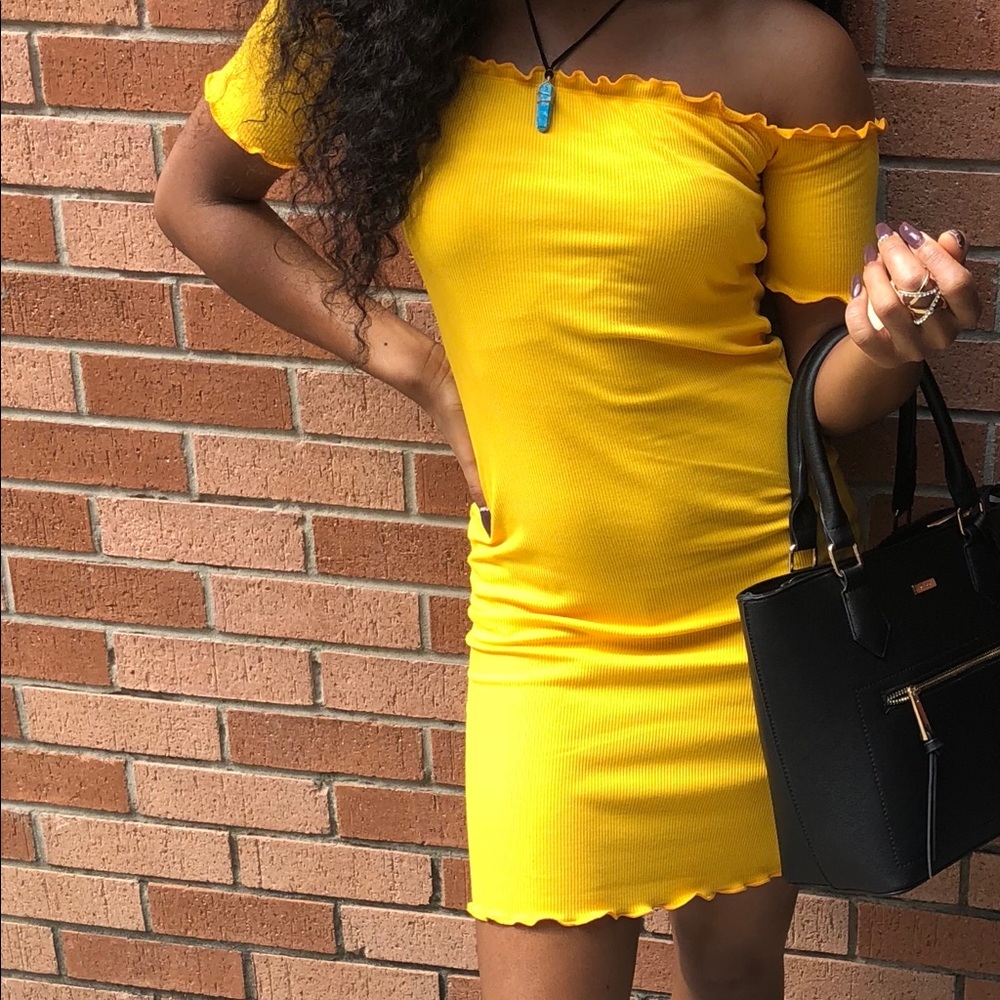 Yellow off the shoulder mini dress
